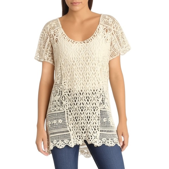 XCVI Crochet Knit Top Medium Cream Bohemian Boho Open Weave Sheer Lightweight - Picture 6 of 13
